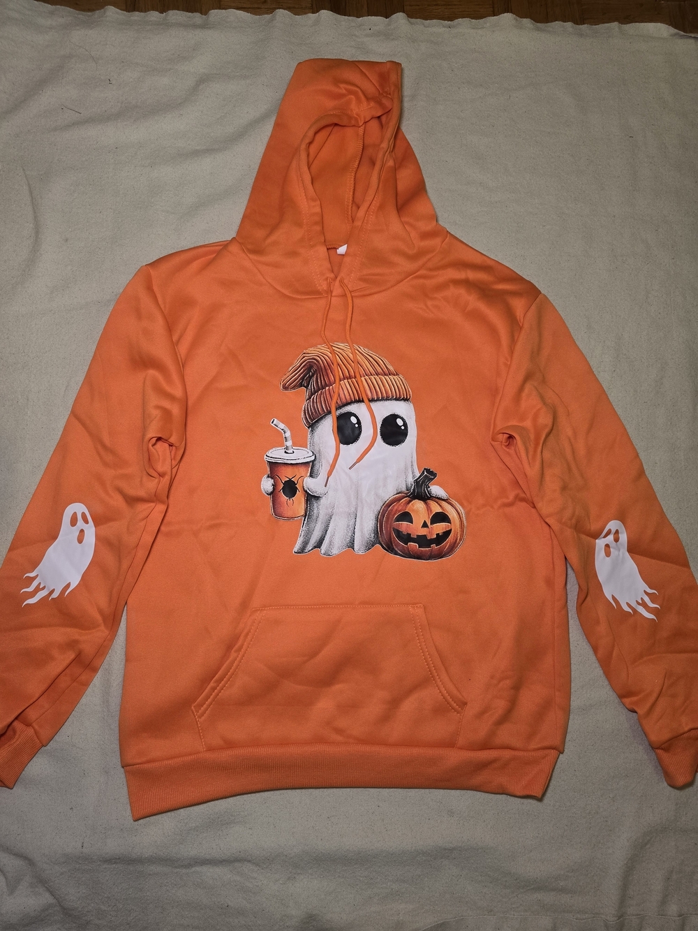 Women's Orange Halloween Ghost Hoodie Size L NWOT